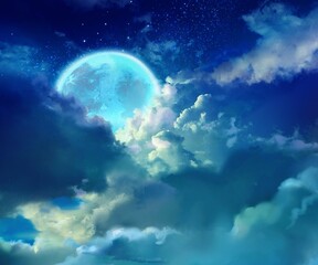 Naklejka na ściany i meble 雲と宇宙と月の夜空の背景イラスト