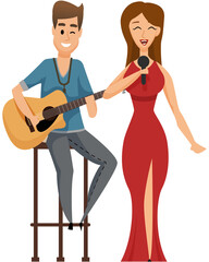 Music band, playing guitar, duet singing concept. Man playing musical instrument and girl vocalist. Young guitarists amateur performance. Musicians couple with acoustic guitar and microphone