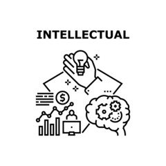 Intellectual Vector Icon Concept. Intellectual Processing For Startup And Developing Company Strategy, Business Idea Management And Analyzing Financial Report On Computer Black Illustration