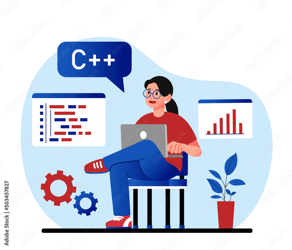 Poster programmer works at home. young girl with laptop writes code for website, develops program and appli