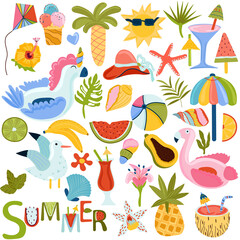 Set of Summer elements tropical leaves, palm, exotic cocktails, ice cream, inflatable flamingo, unicorn, exotic fruits and other. Summer lettering. Vector illustration.
