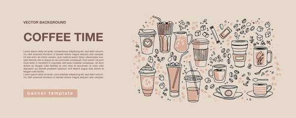 Horizontal beige color banner for marketing campaign, advertising, promotions. Hand drawn various linear coffee cups, mugs, frappe glasses, coffee beans, sugar and spoons in the right side and text - 503457885