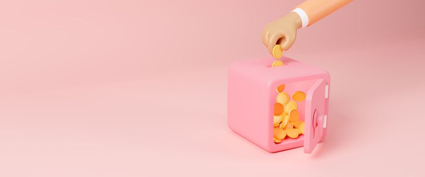 Hand putting coin falling into pink safe box, piggy bank, deposit banking account and savings concept of growth, money-saving, and stored money, budget, finance concept, 3d rendering illustration