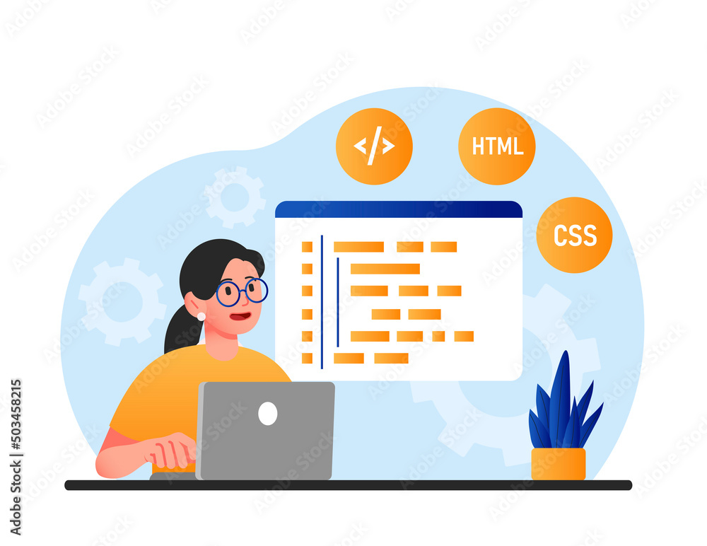 Poster woman programming at home. young girl writes code for website, develops application or program. prog