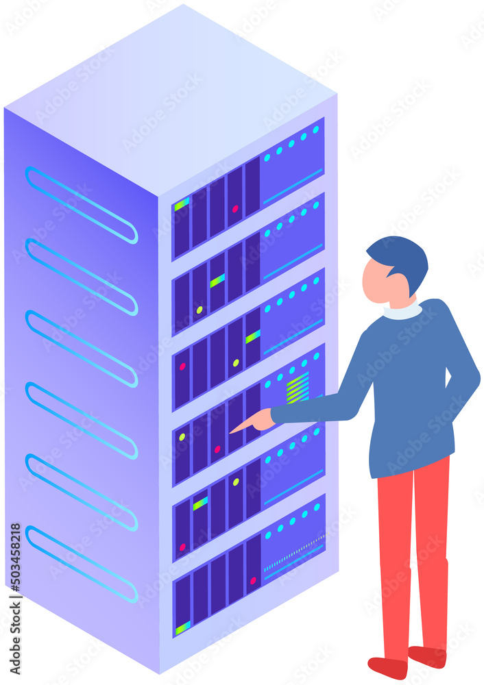 Poster database center info storage, datacenter with modern innovation and systems station. man working wit