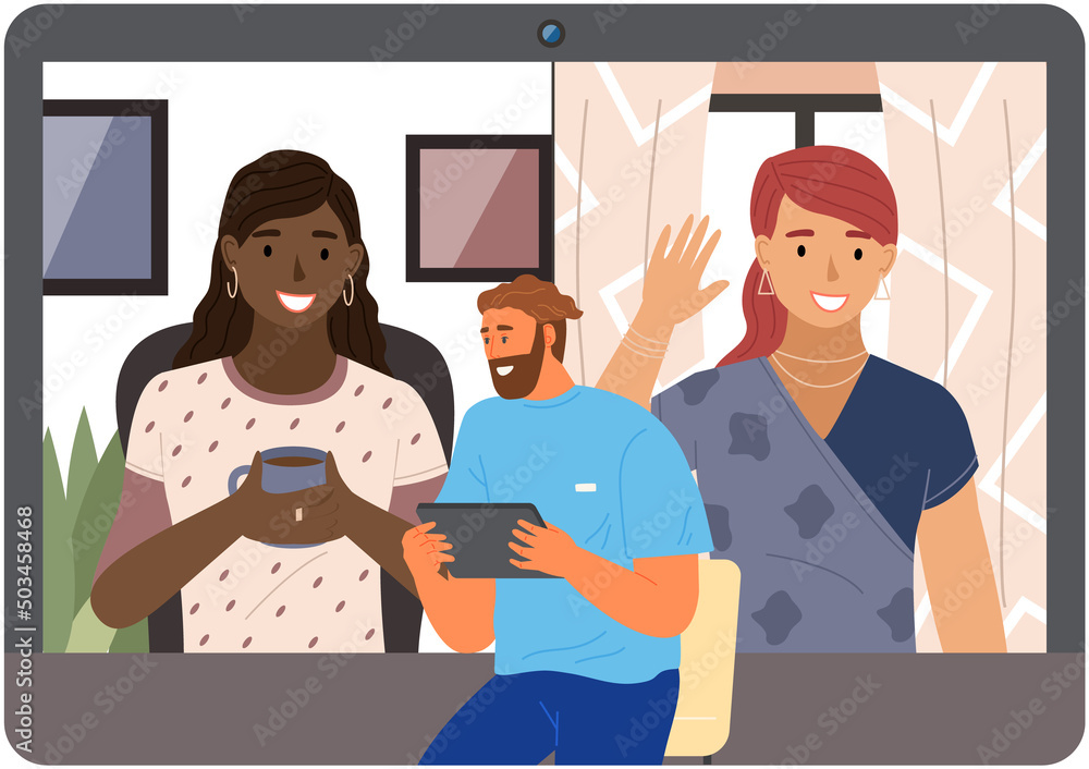 Poster guy talking with friends by video call. people use technology to talk via network. man looks at tabl