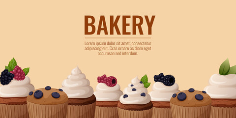 Bakery background with space for text. Cakes with cream and berries, blueberry, raspberry, blackberry. Vector illustration of sweets with summer vitamins for banner, website design, social media