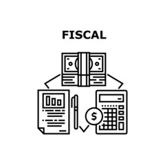 Fiscal Finance Vector Icon Concept. Filling Tax Report And Calculating Income And Expense, Fiscal Finance Accountant Occupation. Accountancy Business For Counting Money Black Illustration