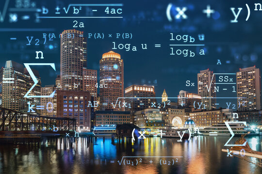 City view panorama of Boston Harbour and Seaport Blvd at night time, Massachusetts. Building exteriors of financial downtown. Education concept. Academic research, top ranking universities, hologram