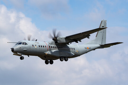 RAF Fairford, Gloucestershire, UK - July 10, 2014: Spanish Air Force (Ejercito del Aire) CASA C-295M twin engine cargo aircraft.