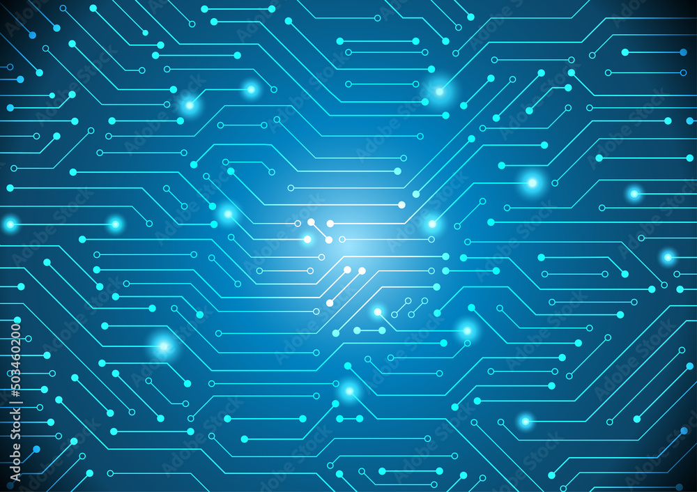 Poster digital circuit background with gradient light circle as zoom shot, circuit engineering technology