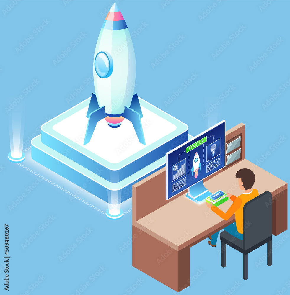 Poster man working on development of business project. rocket as symbol of new startup launch. planning tec