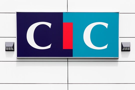  Cholet, France - June 25, 2016: CIC logo on a wall. CIC is a financial services group in France, founded in 1859 with its parent-company, Credit Mutuel it is the fourth largest bank in the country