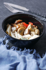  homemade cooked chicken mushroom pasta in a bowl 