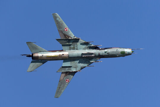 RAF Fairford, Gloucestershire, UK - July 10, 2014: Polish Air Force (Sily Powietrzne) Sukhoi Su-22 Fitter attack aircraft.