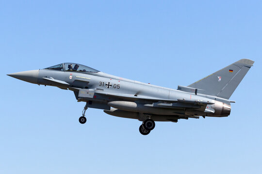 RAF Fairford, Gloucestershire, UK - July 10, 2014: German Air Force (Luftwaffe) Eurofighter EF-2000 Typhoon multirole fighter aircraft.