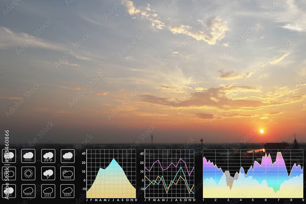 Wall mural weather forecast symbol data presentation with graph and chart on dramatic atmosphere panorama view 