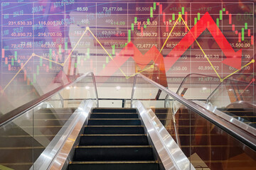 Stock index financial data impact show modern escalators with nobody amid covid-19 pandamic outbreak closed business for presentation and report background.