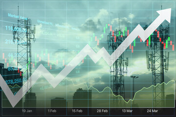 Silhouette of three communication poles and buildings on urban twilight sky with graph and chart for stock financial index and technology business presentation and report background.