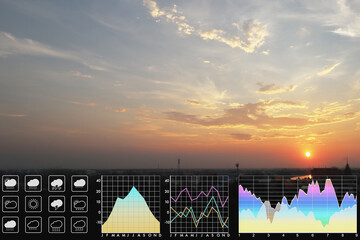 Weather forecast symbol data presentation with graph and chart on dramatic atmosphere panorama view of colorful twilight tropical sky and  clouds aerial summer view background.