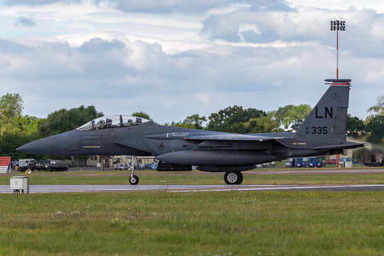 RAF Fairford, Gloucestershire, UK - July 14, 2014: United States Air Force (USAF) McDonnell Douglas F-15E Strike Eagle from the 494th Fighter Squadron, 48th Fighter Wing based at RAF Lakenheath.