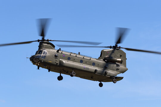 RAF Fairford, Gloucestershire, UK - July 12, 2014: Royal Air Force (RAF) Boeing Chinook HC.2 twin engined heavy lift military helicopter ZA714.