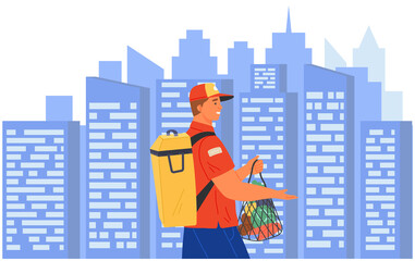 Fototapeta Male courier delivers package to customer. Delivery man carries groceries across city. Delivery company employee walks with backpack. Goods transport service worker on background of urban cityscape obraz