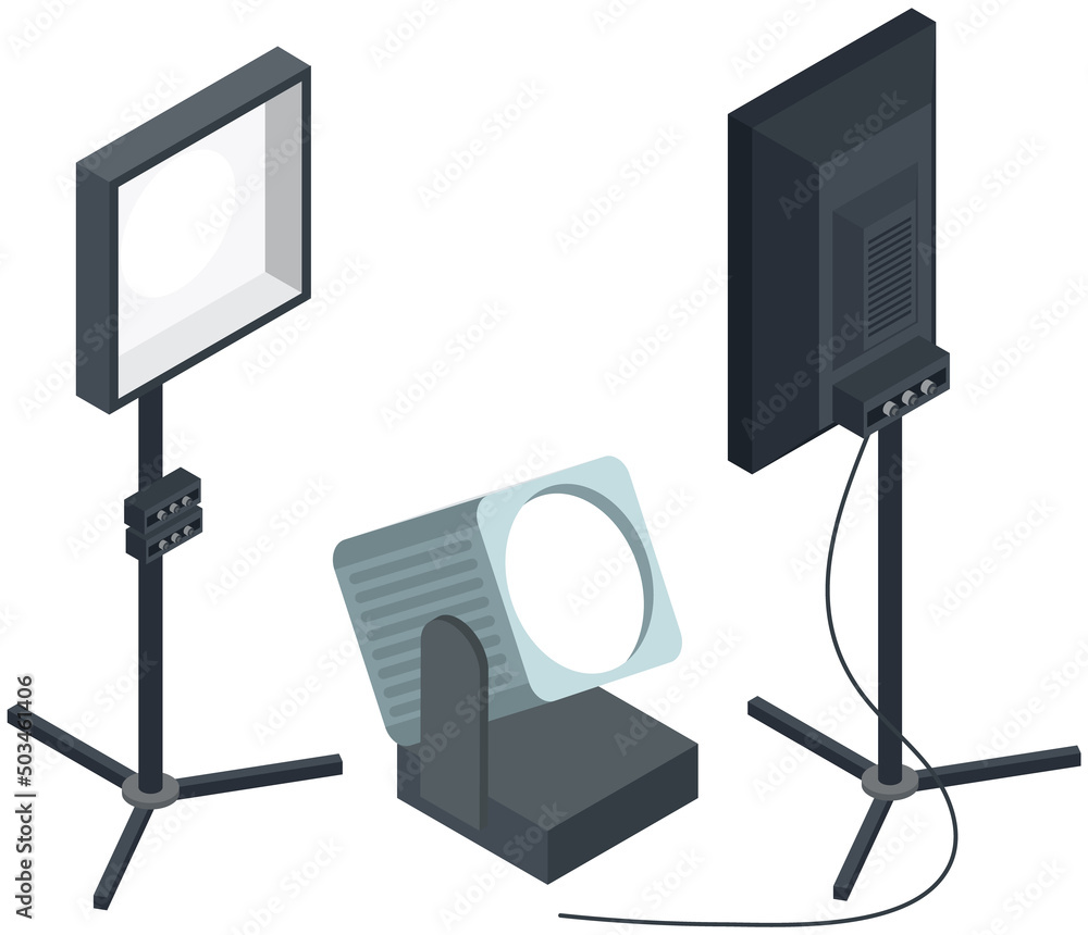 Poster flat softboxes for shooting lighting. softboxes and spotlight for filming in studio. professional eq