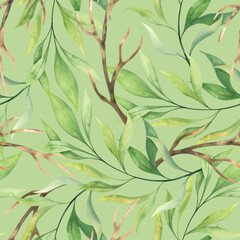 Green leaves and dry branches. Wild plants. Watercolor seamless pattern. Wildlife drawing.