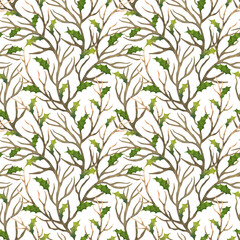 Ornament made of dried branches and leaves of holly. Watercolor seamless pattern. Brown branches and green leaves. Drawing of forest plants.