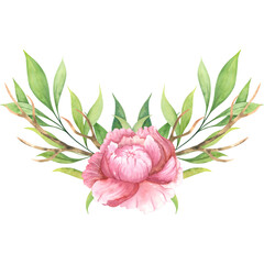 Composition with peony flower, green leaves and branches. Floral bouquet. A large pink peony. Watercolor