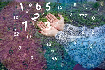 Numbers flying out of female hands, numerology - obrazy, fototapety, plakaty