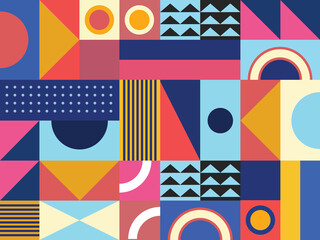 Obraz premium Geometric graphics Retro Swiss modernism, poster with people and geometric shapes. Vector illustration 
