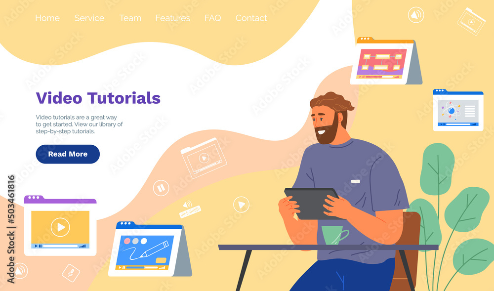 Poster website homepage landing page template banner with modern flat style. video tutorials for online lea