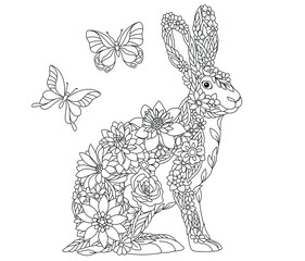 Floral adult coloring book page. Fairy tale hare or rabbit. Ethereal animal consisting of flowers, leaves and butterflies.
