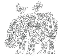 Floral adult coloring book page. Fairy tale hippo. Ethereal animal consisting of flowers, leaves and butterflies.