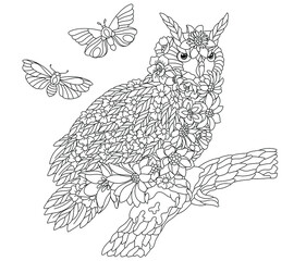 Floral adult coloring book page. Fairy tale owl bird. Ethereal animal consisting of flowers, leaves and butterflies.