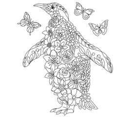 Floral adult coloring book page. Fairy tale penguin. Ethereal animal consisting of flowers, leaves and butterflies.
