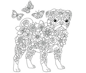 Floral adult coloring book page. Fairy tale pug dog. Ethereal animal consisting of flowers, leaves and butterflies.
