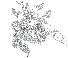 Floral adult coloring book page. Fairy tale sloth on the tree. Ethereal animal consisting of flowers, leaves and butterflies. © Sybirko