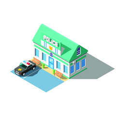 Fototapeta premium Abstract Isometric 3D Police Department Station Building With Car, Bench, Bushes Vector Design Style