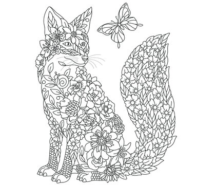 Floral adult coloring book page. Fairy tale fox. Ethereal animal consisting of flowers, leaves and butterflies.