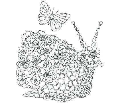Floral adult coloring book page. Fairy tale snail. Ethereal animal consisting of flowers, leaves and butterflies.