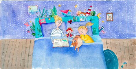Watercolor illustration of a mother reading bedtime story to her daughter