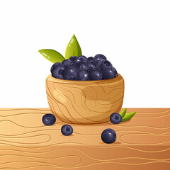 Blueberries in a wooden deep bowl or plate on the table, vector illustration of juicy ripe summer berries on an isolated transparent background