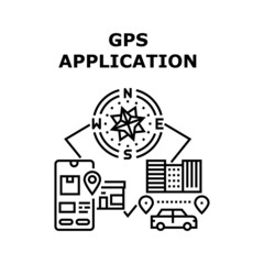 Fototapeta na wymiar Gps Application Vector Icon Concept. Gps Application For Tracking Order On Delivery Service Web Site And Finding Direction On City Street. Compass For Orientation Black Illustration