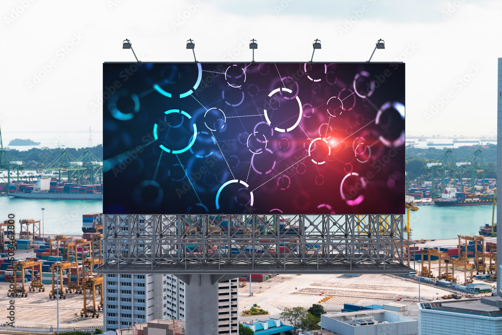 Poster technology hologram on billboard over panorama city view of singapore. the largest tech hub in south