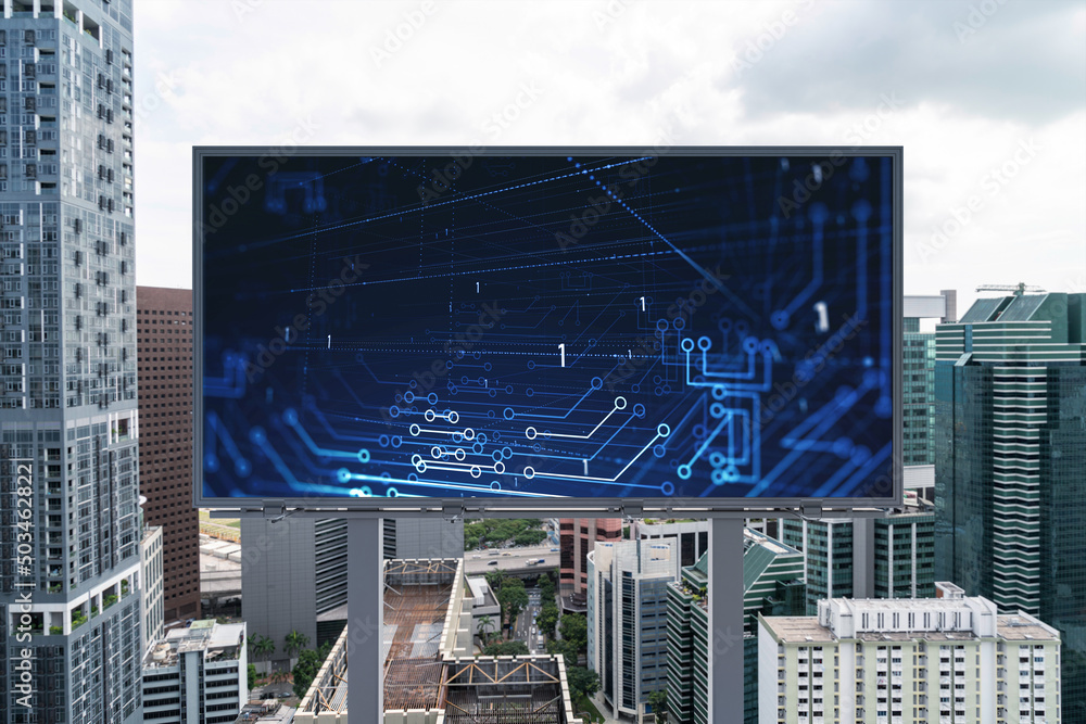 Poster technology hologram on billboard over panorama city view of singapore. the largest tech hub in south