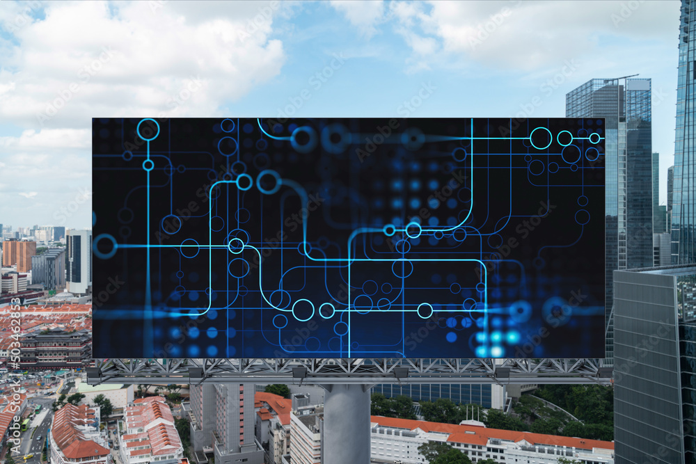 Poster technology hologram on billboard over panorama city view of singapore. the largest tech hub in south