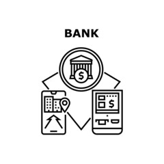 Bank Service Vector Icon Concept. Gps System Technology And Mobile Application For Finding Bank Service And Atm Or Pos Terminal. Navigation App For Search Financial Building Online Black Illustration